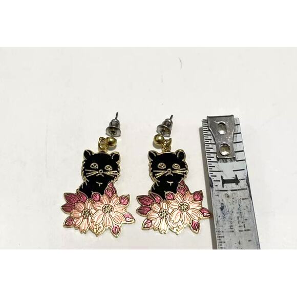 Cloisonne Gold Tone Black Cat Flowers Enamel Pierced Dangle Earrings - Picture 5 of 8